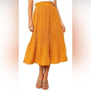 Yellow Pleated A-Line Midi Skirt with Polka Dots